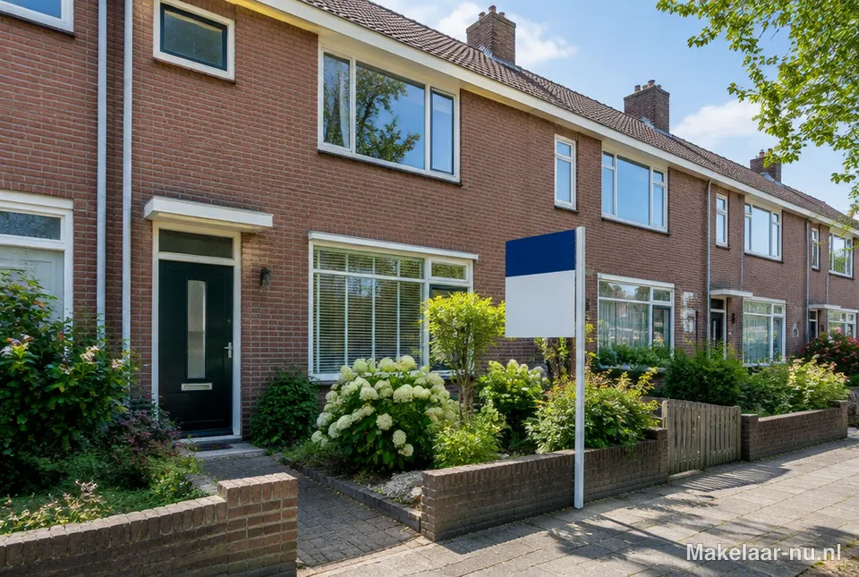 Woning met een te koop bord in de voortuin